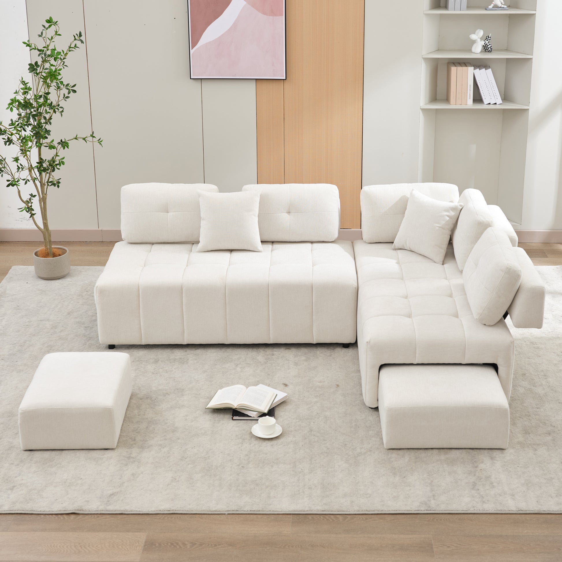 91.73" L Shaped Sofa Sectional Sofa Couch With 2 Stools And 2 Lumbar Pillows For Living Room, Biege Beige Chenille