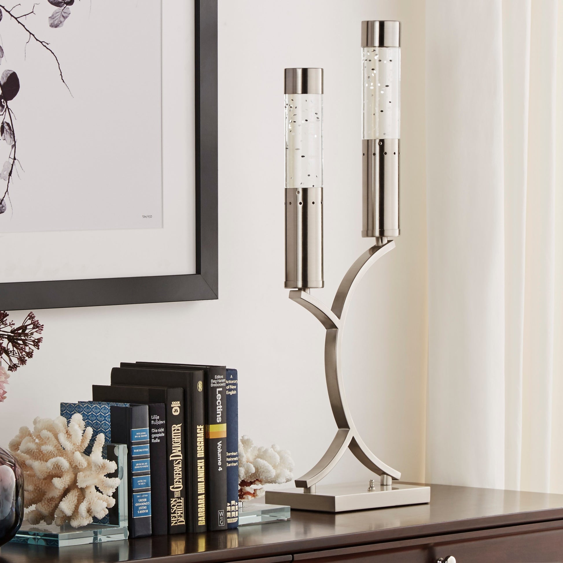 Luxurious Table Lamp 1Pc Satin Nickel Finish Metal Sparkling Decorative Designer Home Decor Table Lamp 2 Water Dancing Lights Nickel Table&Floor Lamps Luxury,Modern,Ultra Modern Metal