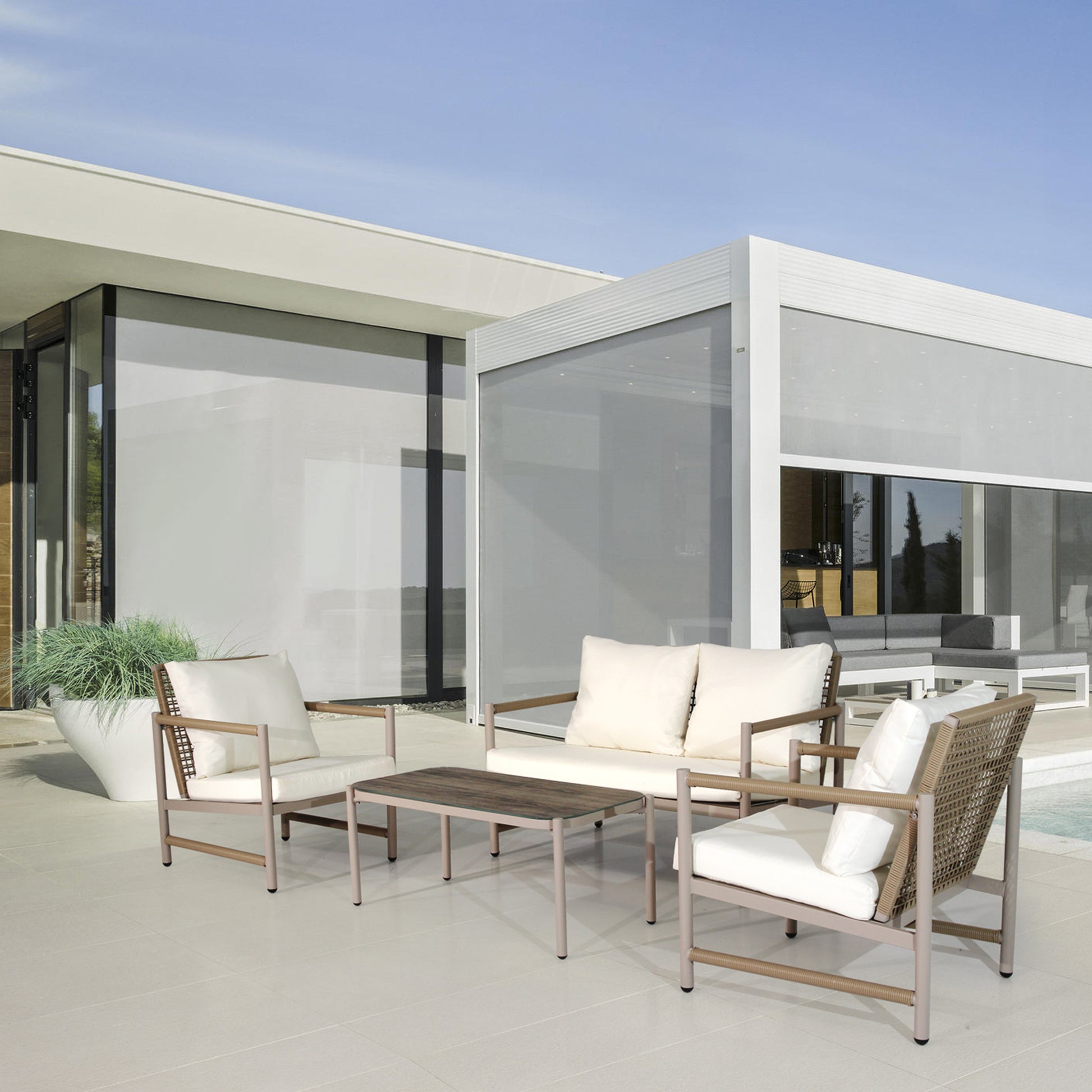 4 Pieces Patio Furniture Set, Pe Rattan Wicker 4 Pcs Outdoor Sofa Set W Washable Cushion And Tempered Glass Tabletop, Conversation Furniture For Garden Poolside Balcony Yes Complete Patio Set White Natural Garden & Outdoor Artsy Complete Patio Sets