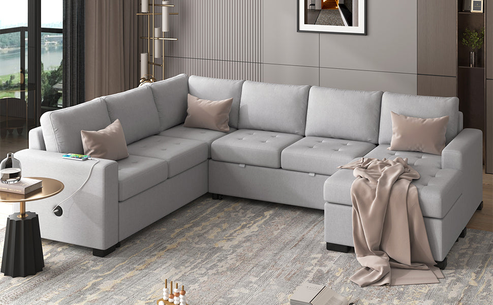 Sectional Sleeper Sofa With Pull Out Bed And Lounge Chair, Usb And Type C Interfaces, Suitable For Living Room, Office, And Spacious Spaces Gray Polyester