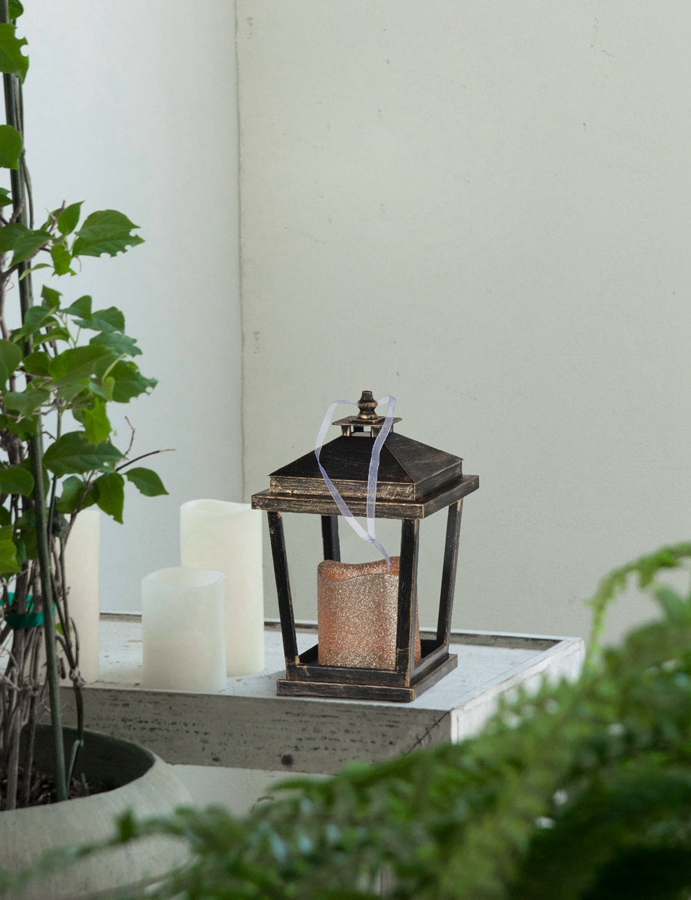 Set Of 2 Menifee Lantern With Led Candle, Short 5X5X8.5" Bronze Antique,Contemporary,Modern Plastic