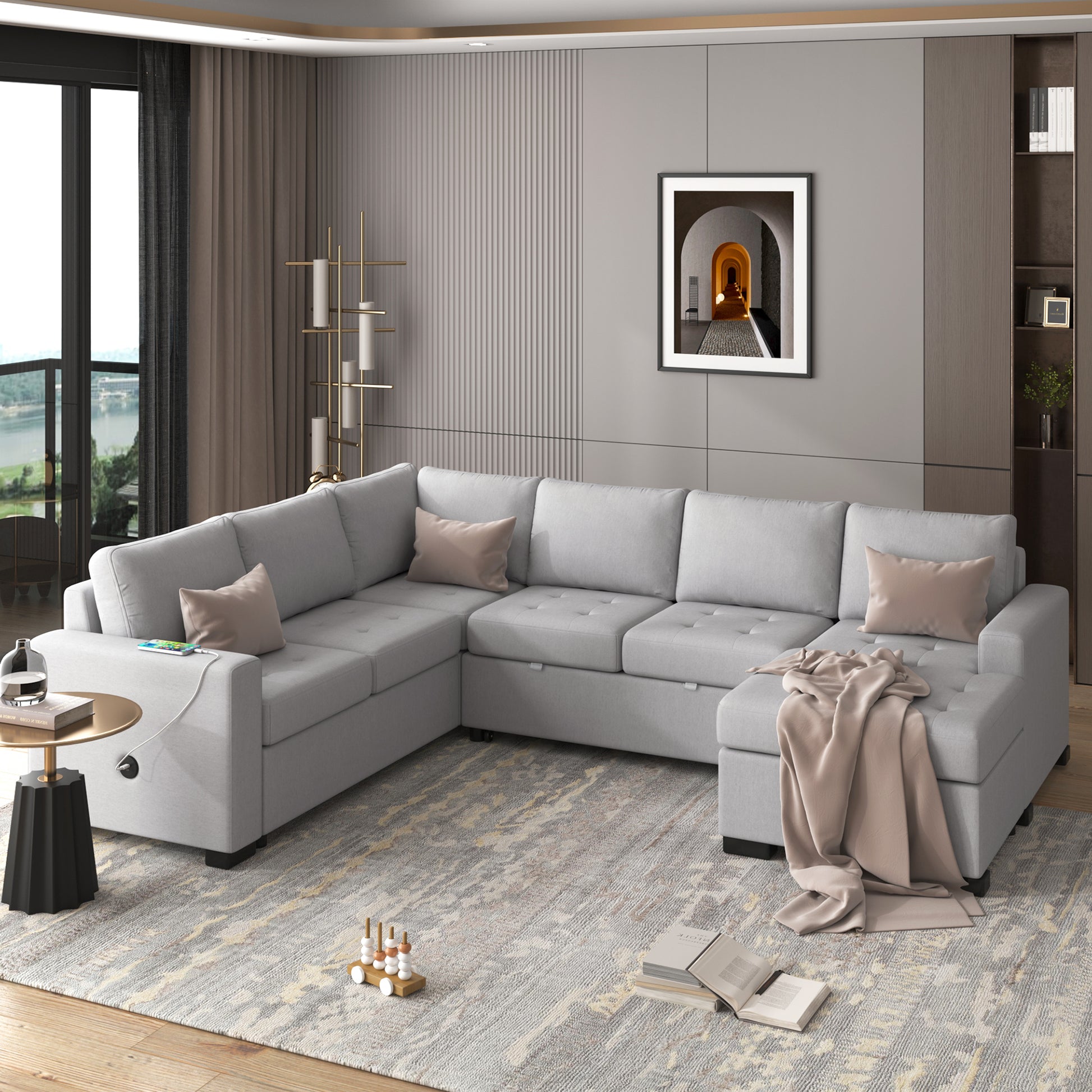 Sectional Sleeper Sofa With Pull Out Bed And Lounge Chair, Usb And Type C Interfaces, Suitable For Living Room, Office, And Spacious Spaces Gray Polyester