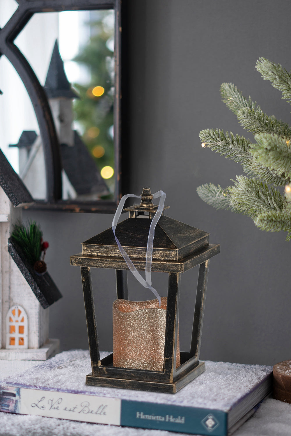 Set Of 2 Menifee Lantern With Led Candle, Short 5X5X8.5" Bronze Antique,Contemporary,Modern Plastic