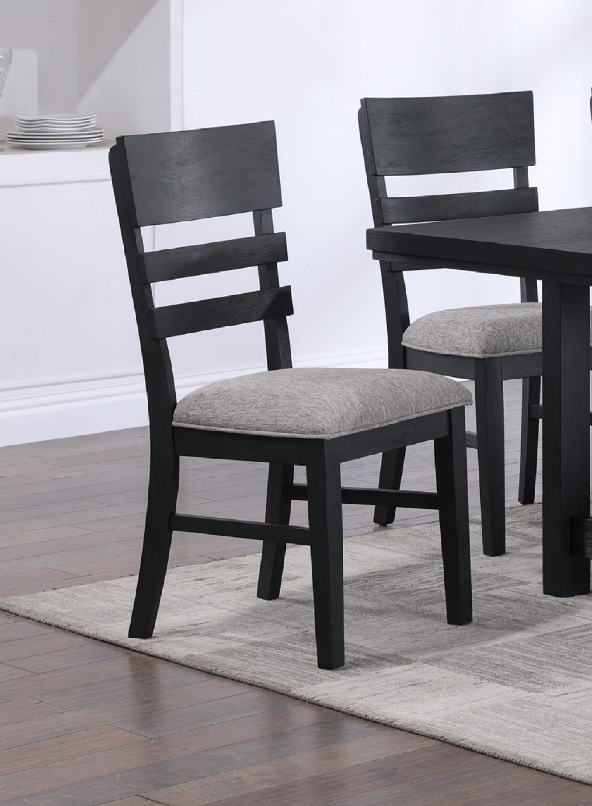 2Pc Black Finish Side Chair Gray Fabric Upholstery Seat Ladder Back Contemporary Transitional Style Dining Room Wooden Furniture Black Contemporary,Transitional Side Chair Wood