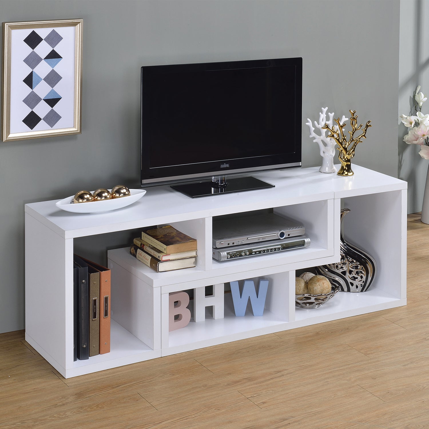 Convertible Tv Console And Bookcase In White White Open Back Particle Board Mdf