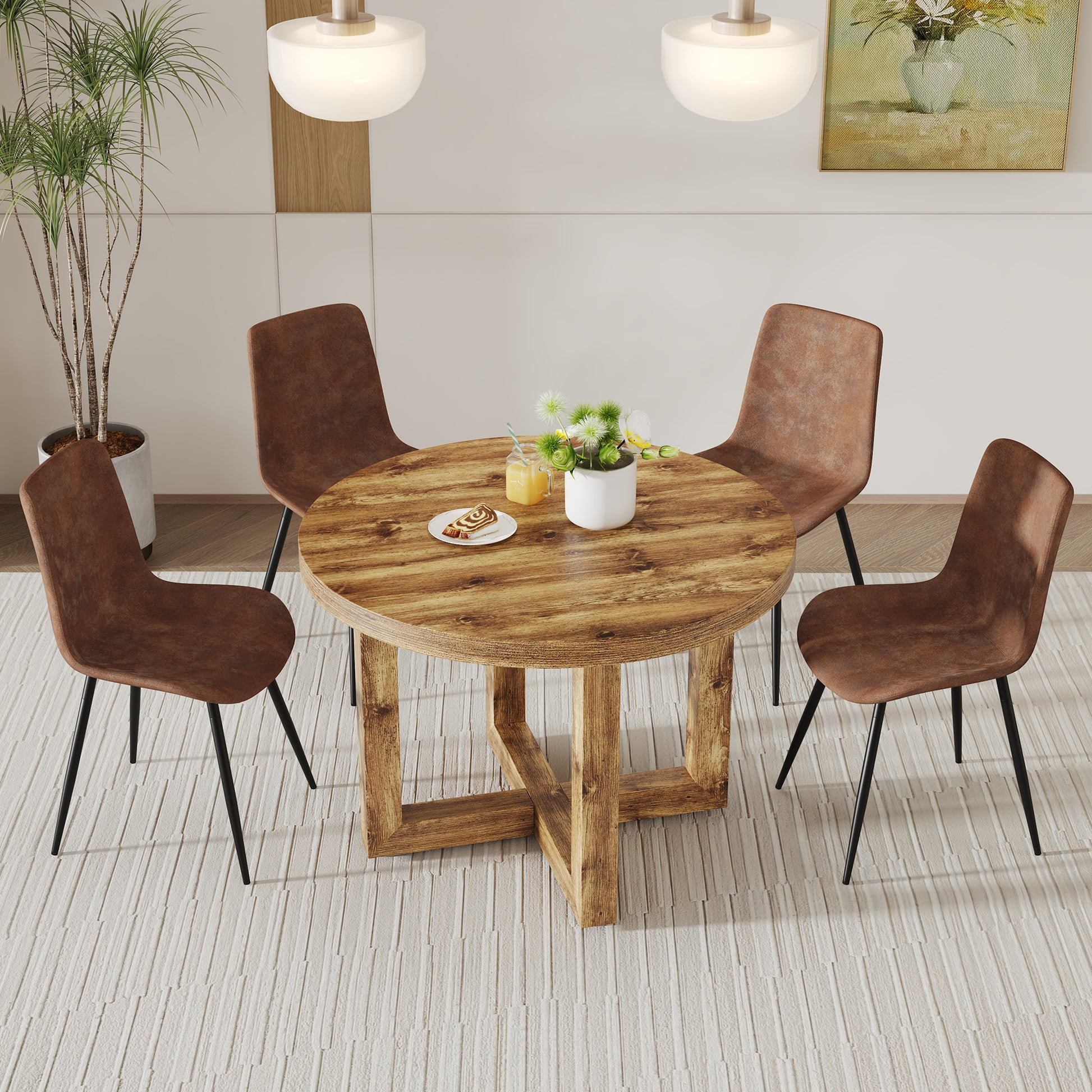 A Modern And Practical Circular Dining Table. Made Of Mdf Tabletop And Wooden Mdf Table Legs.A Set Of 4 Brown Cushioned Chairs In A Modern Medieval Style Restaurant. Ct 403B0502A Natural Wood Mdf