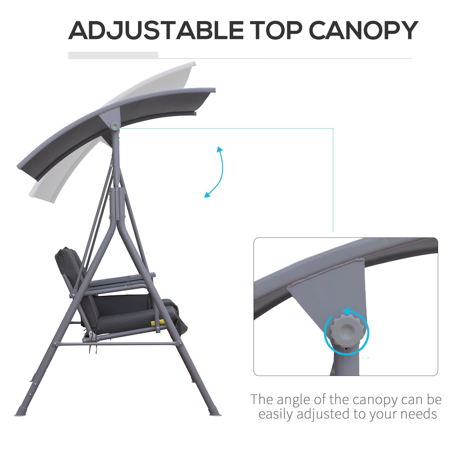 Outsunny 2 Person Porch Swing With Stand, Outdoor Swing With Canopy, Pivot Storage Table, 2 Cup Holders, Cushions For Patio, Backyard, Gray Beige Steel