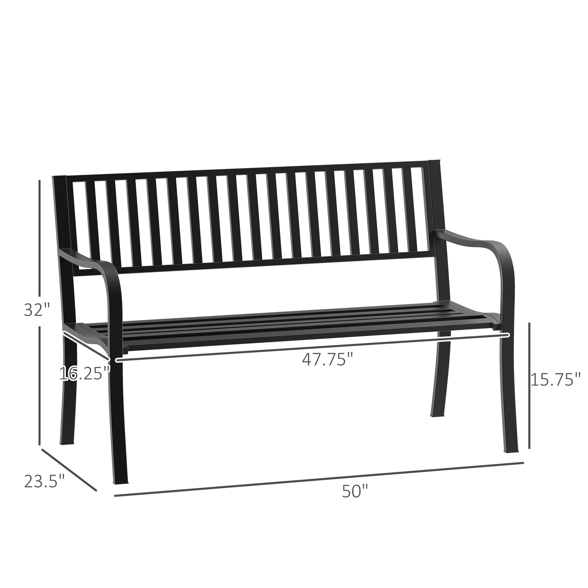Outsunny 50" Outdoor Garden Bench, Patio Bench With Slatted Seat, Metal Porch Bench For Backyard, Poolside, Lawn, Black Black Steel
