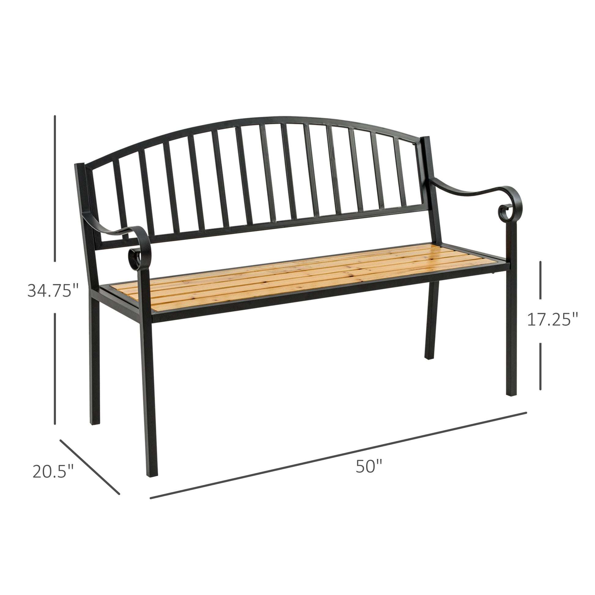 Outsunny 50" Garden Bench, Patio Loveseat With Antique Backrest, Wood Seat And Steel Frame For Backyard Or Porch Natural Steel
