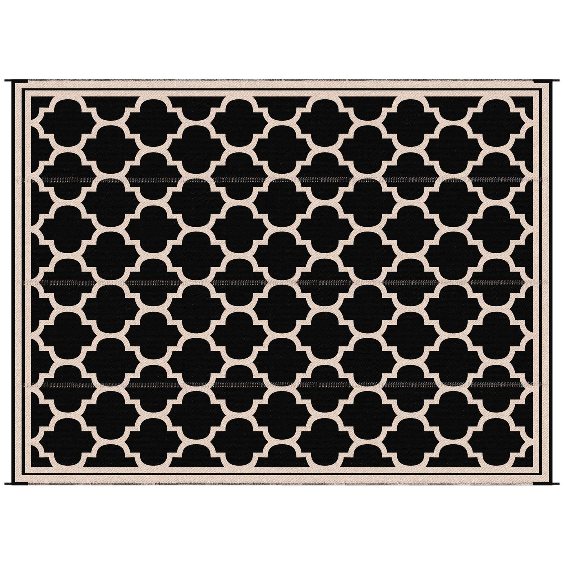 Outsunny Reversible Outdoor Rug Carpet, 9' X 18' Waterproof Plastic Straw Rug, Portable Rv Camping Rugs With Carry Bag, Large Floor Mat For Backyard, Deck, Picnic, Beach, Black & Beige Black Polypropylene