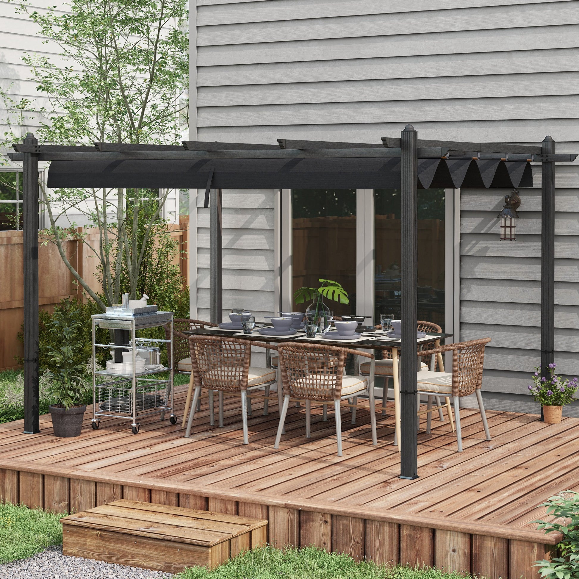 Outsunny 10' X 12' Retractable Pergola Canopy, Wood Grain Aluminum Pergola, Outdoor Sun Shade Shelter For Grill, Garden, Patio, Backyard, Deck, Gray Gray Aluminum