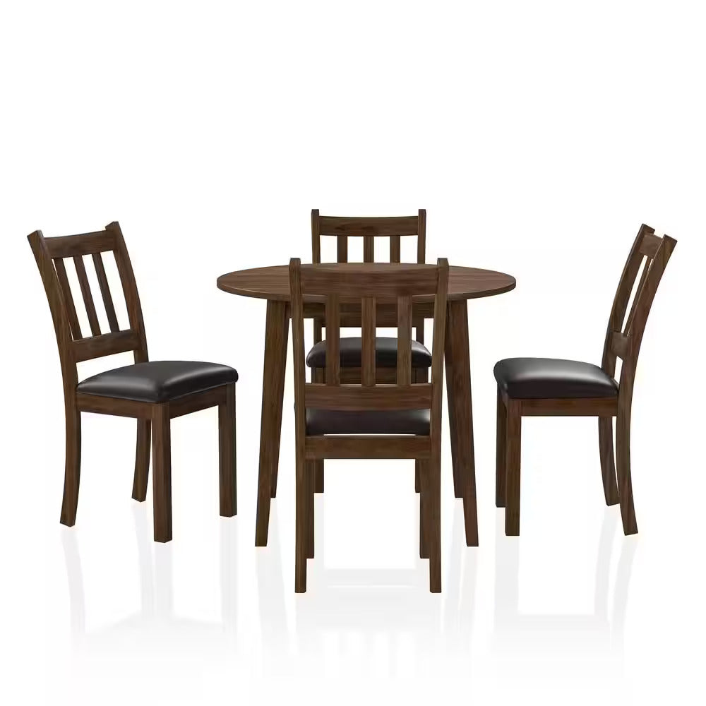 Kitchen 5Pc Dining Set Round Dining Table And 4X Side Chairs Walnut, Dark Brown Transitional Solid Wood Dining Room Furniturepadded Seat Wood Walnut Brown Slat Back Seats 4 Wood Dining Room Solid
