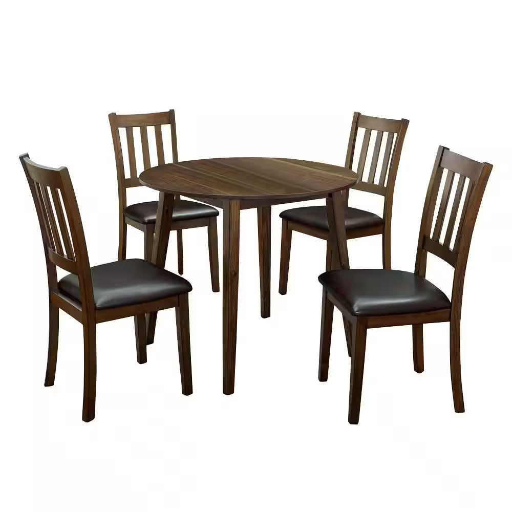 Kitchen 5Pc Dining Set Round Dining Table And 4X Side Chairs Walnut, Dark Brown Transitional Solid Wood Dining Room Furniturepadded Seat Wood Walnut Brown Slat Back Seats 4 Wood Dining Room Solid