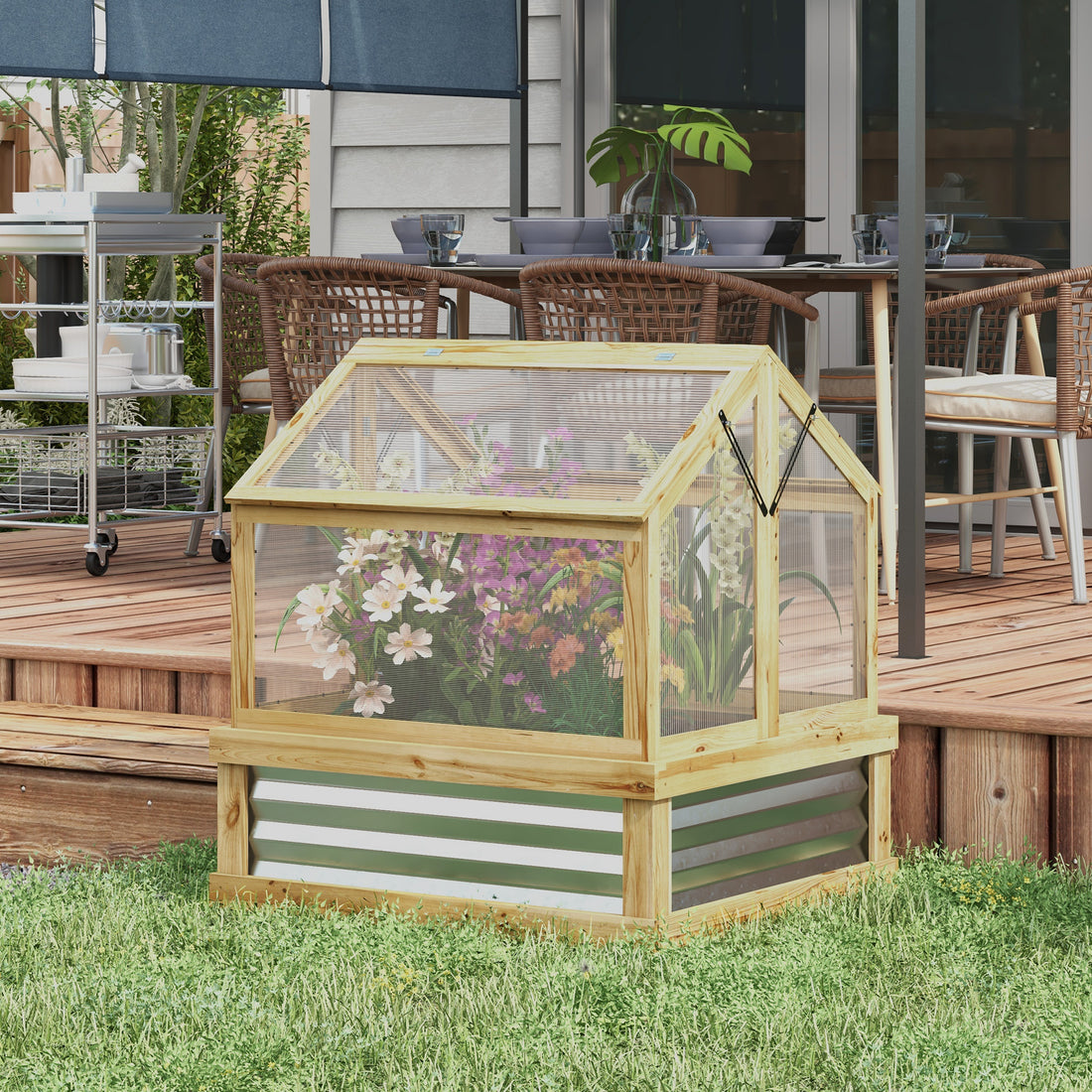 Outsunny Raised Garden Bed With Polycarbonate Greenhouse, Garden Wooden Cold Frame Greenhouse Flower Planter Protection, Peak Roof, 35.5" X 31.5" X 36", Natural Natural Wood