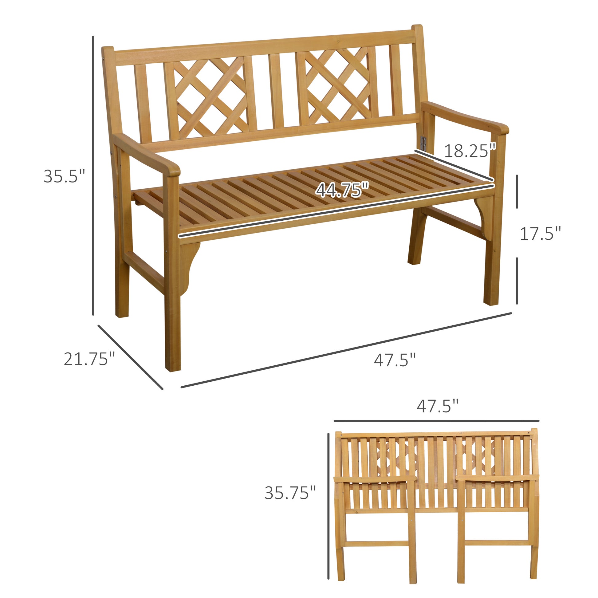 Outsunny 4Ft Wooden Outdoor Garden Bench For 2, Portable Folding Loveseat 2 Seater Chair With Backrest, Armrests And Slat Seat, Natural Yellow Wood