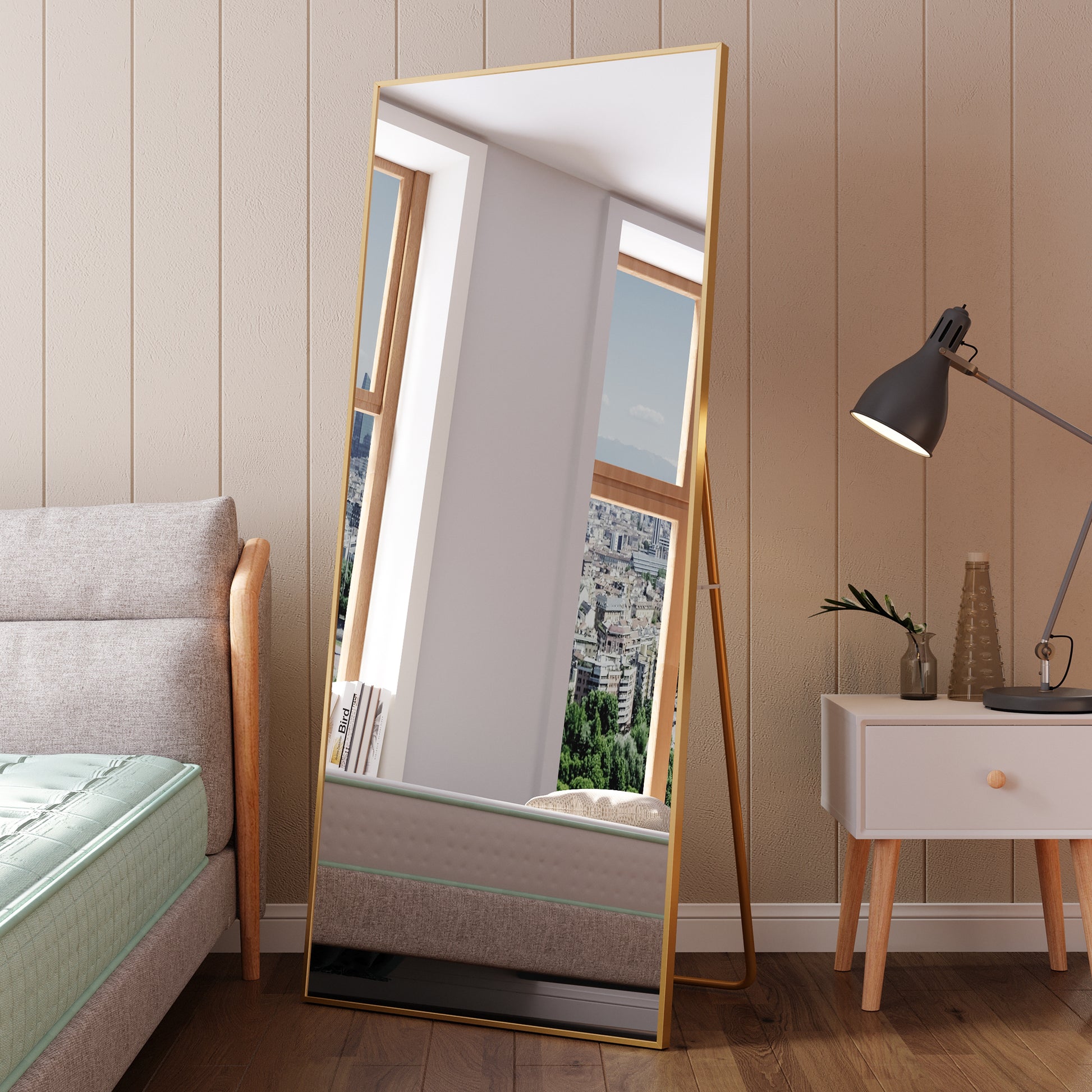 Tempered Mirror 71" X 32" Tall Full Length Mirror With Stand, Gold Wall Mounting Full Body Mirror, Metal Frame Full Length Mirror For Living Room, Bedroom Gold Glass