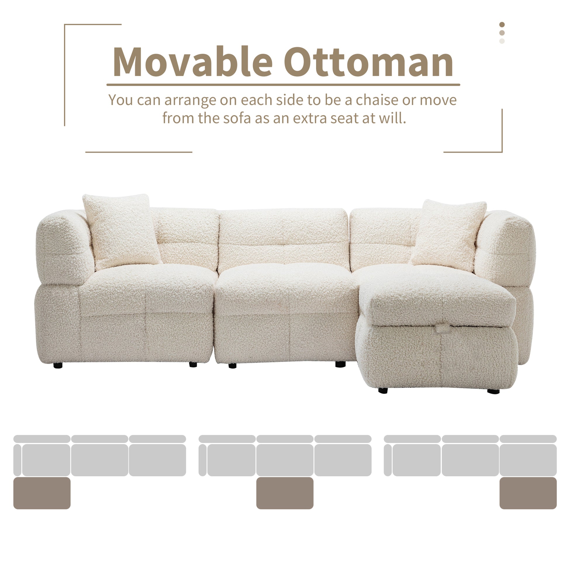 87.7" Sectional Sofa Cozy Teddy Fleece Fabric Sectional Sofa Couch With Two Usb Ports A Movable Storage Ottoman And Two Lumbar Pillows For Living Room, Creamy White Creamy White Foam Teddy