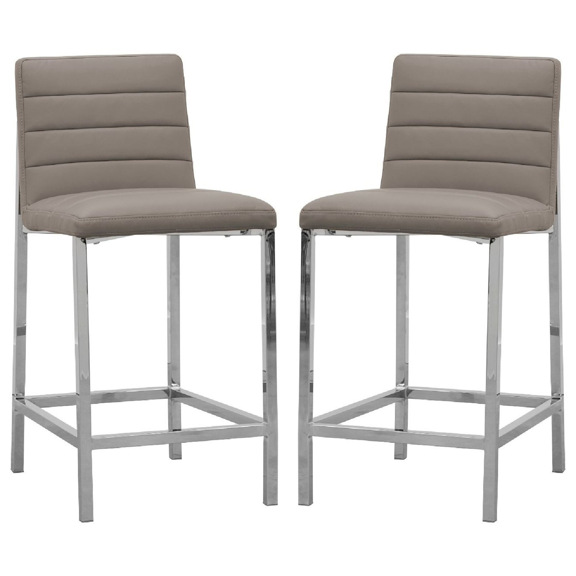 Eun 26 Inch Vegan Faux Leather Counter Stool, Chrome Legs, Set Of 2, Gray Gray Silver Fabric Metal