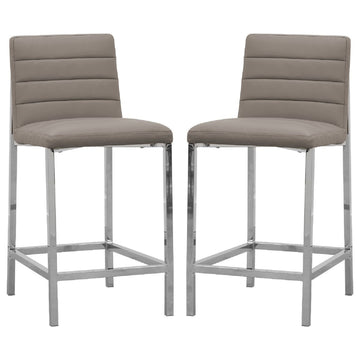 Eun 26 Inch Vegan Faux Leather Counter Stool, Chrome Legs, Set Of 2, Gray Gray Silver Fabric Metal