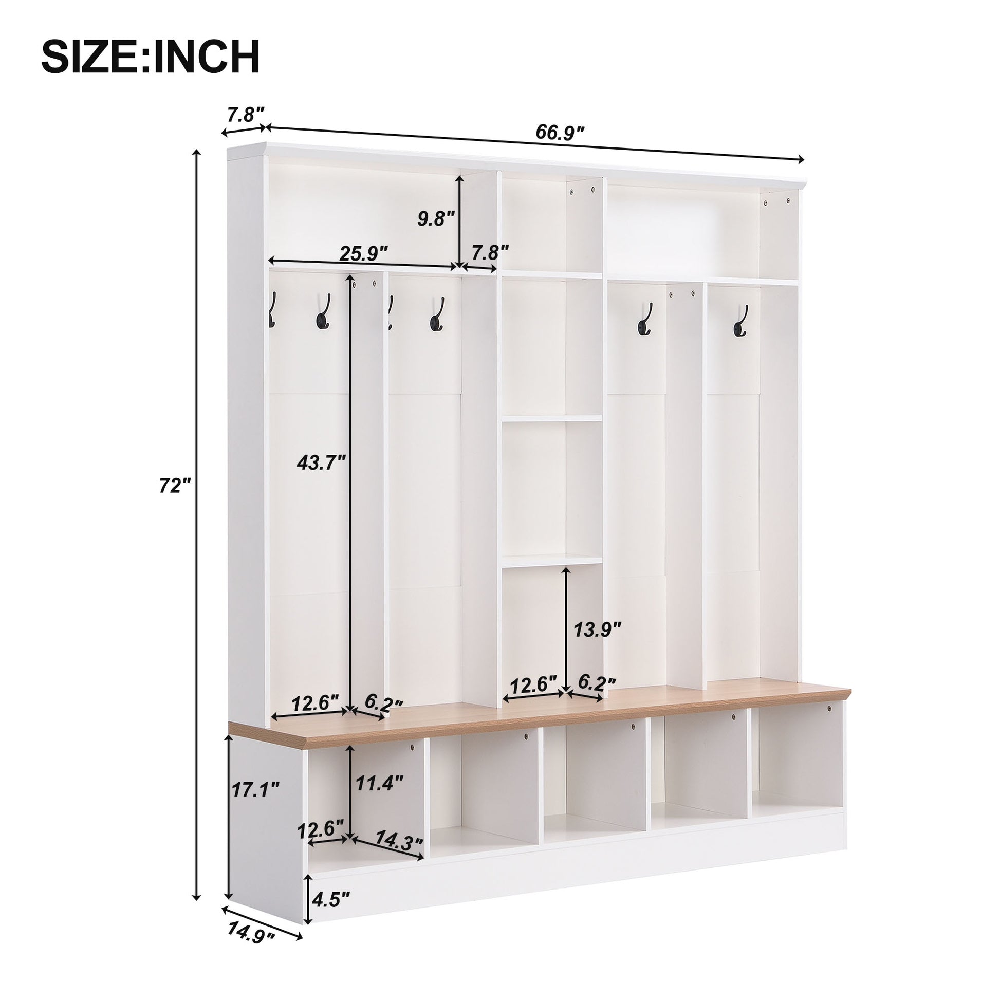 Wide Design Hall Tree With Storage Bench, Minimalist Shoe Cabinet With Cube Storage & Shelves, Multifunctional Coat Rack With 8 Hooks For Entryways, Mudroom, White White Primary Living Space