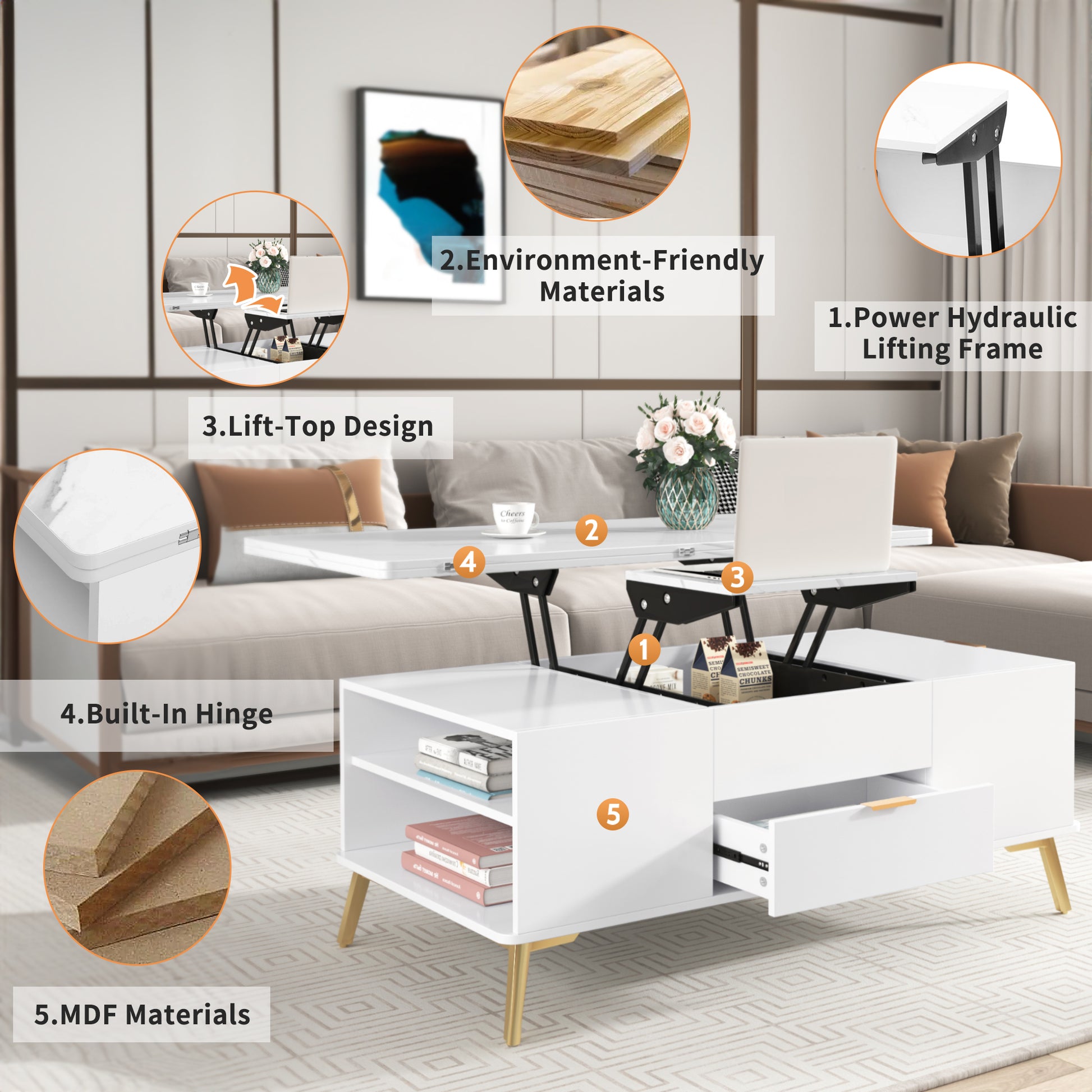 Modern Lift Top Coffee Table Multi Functional Table With Drawers In White White Mdf Steel