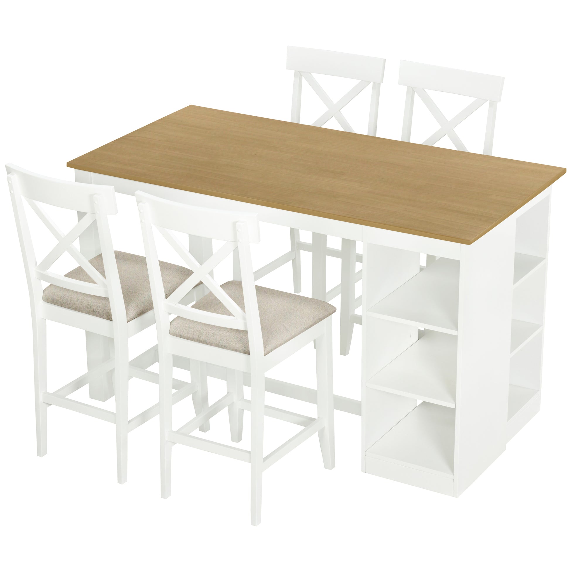 60"Lx30"W Solid Wood Farmhouse Counter Height Dining Table Set With 3 Tier Storage Shelves, Upholstered Dining Chairs For 4, 5 Piece, White Wood Dining Room Solid Wood Rubberwood Rectangular Dining Table With Chair Wood Wood Natural White Seats 4
