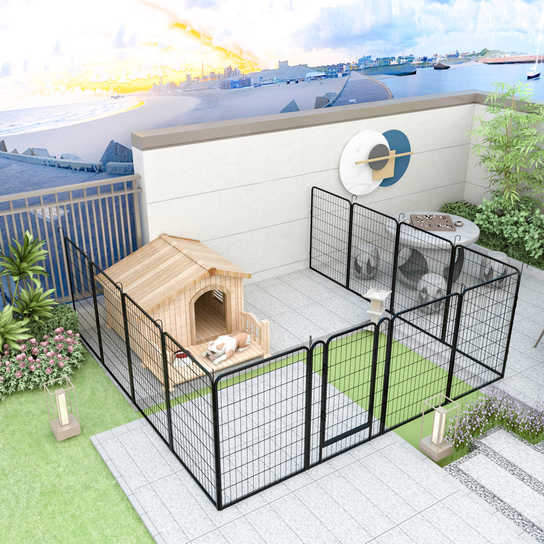 12 Panels Heavy Duty Metal Playpen With Door,39.37"H Dog Fence Pet Exercise Pen For Outdoor Black Metal