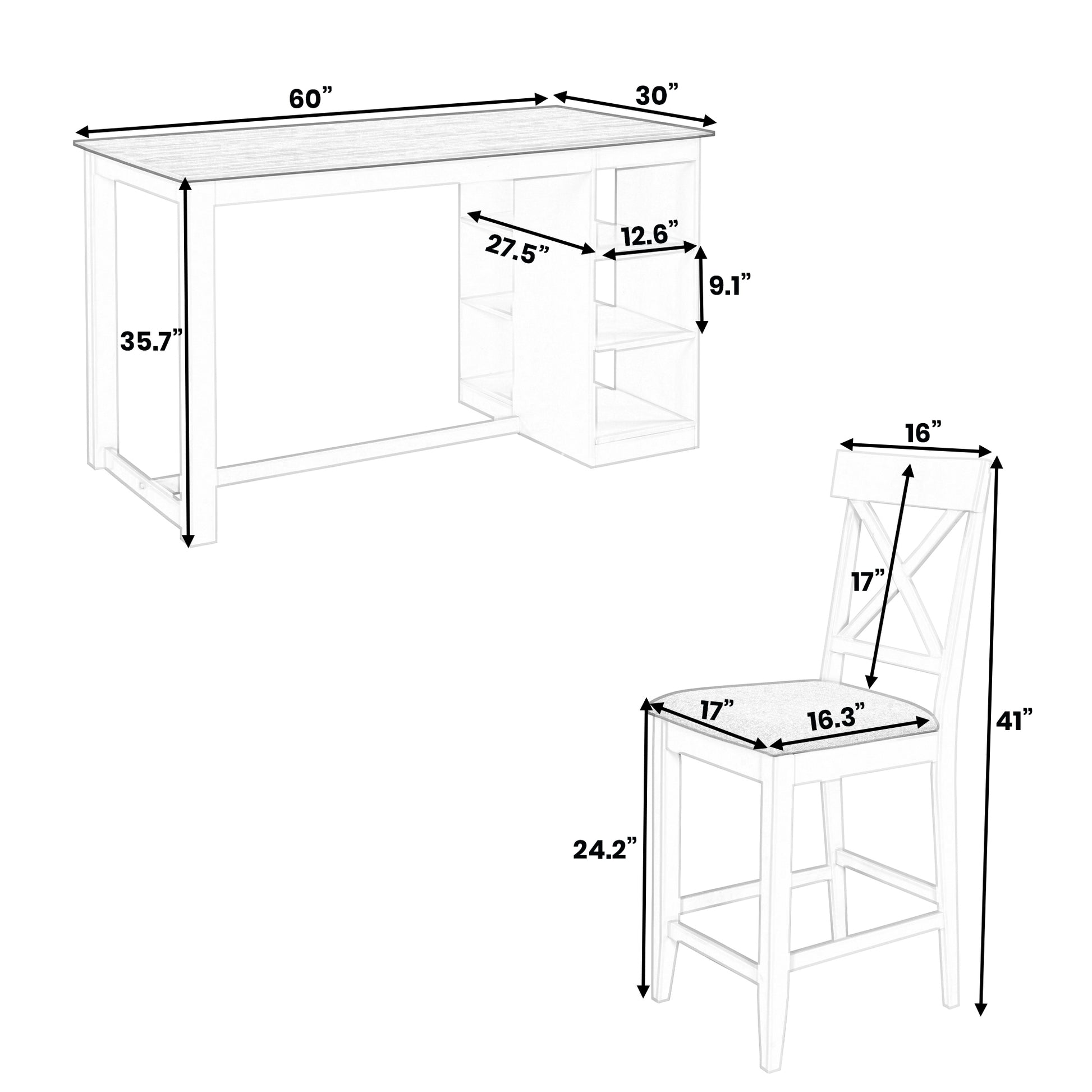 60"Lx30"W Solid Wood Farmhouse Counter Height Dining Table Set With 3 Tier Storage Shelves, Upholstered Dining Chairs For 4, 5 Piece, White Wood Dining Room Solid Wood Rubberwood Rectangular Dining Table With Chair Wood Wood Natural White Seats 4