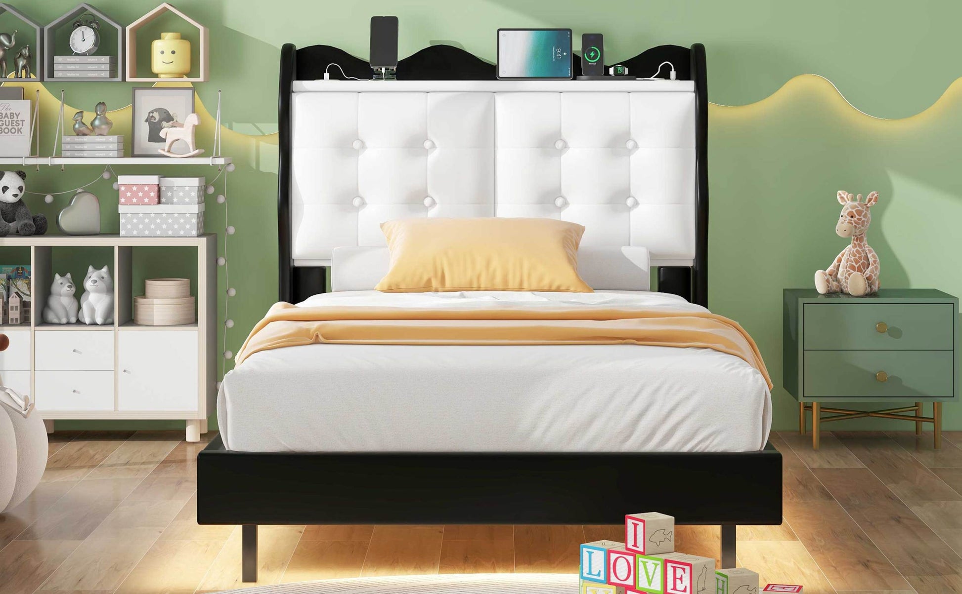 Twin Size Upholstery Platform Bed Frame With Led Light Strips,Headboard Storage Space And Two Usb Charging Deisgn,Black Black Upholstered