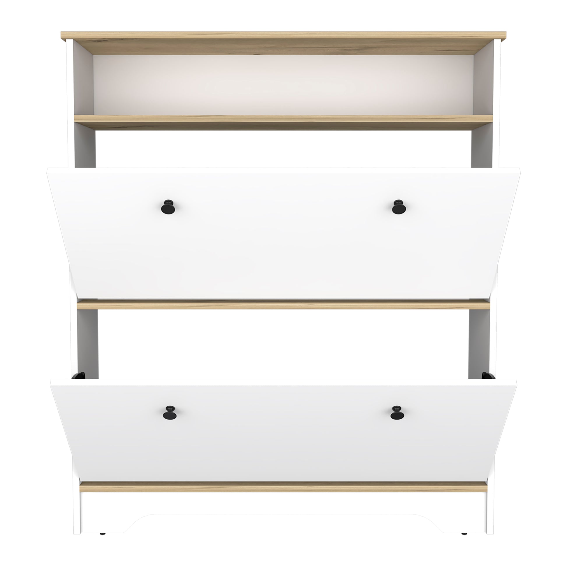 Shoe Rack 46" H, One Open Storage Shelf, Two Internal Storage Drawers, Two Doors, Light Oak White Multicolor Particle Board Particle Board