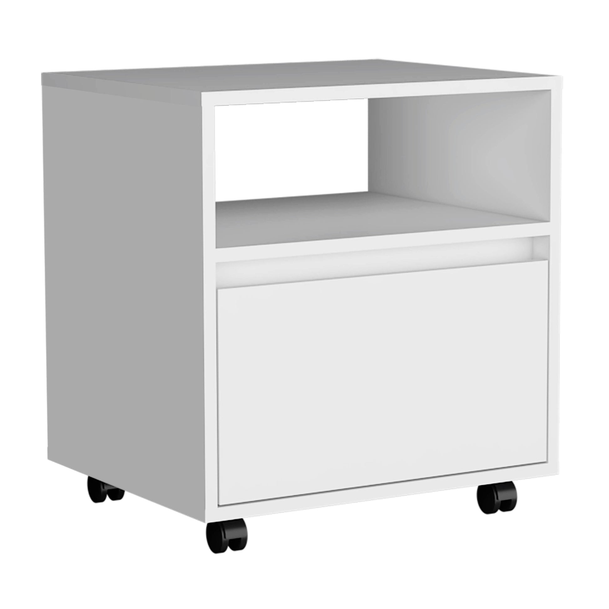 Nightstand 20"H, With One Open Shelf, 1 Drawer And Casters, White White Particle Board Particle Board