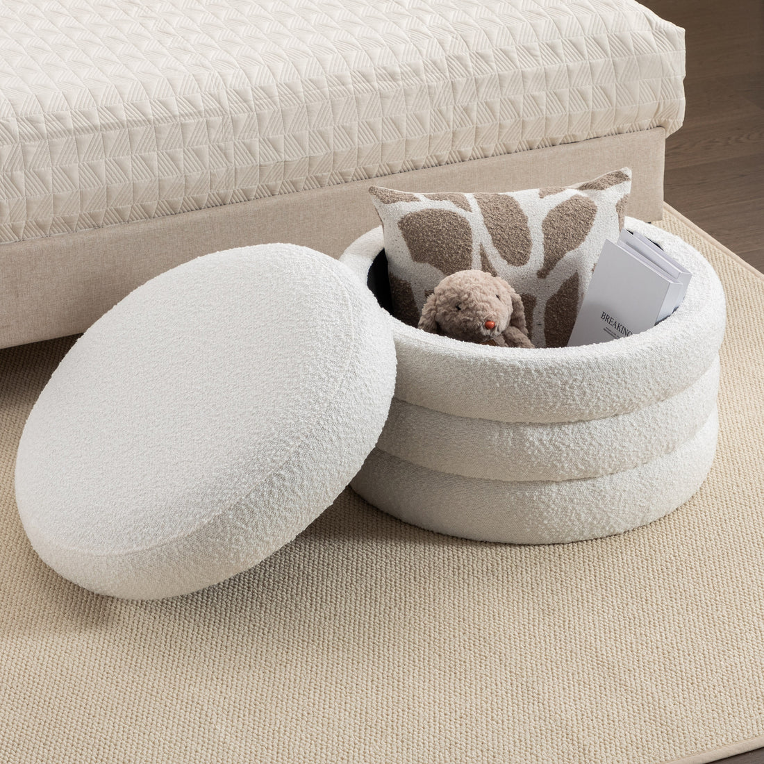 007 Boucle Fabric Storage Round Ottoman Footstool With Wooden Shelving,Ivory White Wood Primary Living Space White Solid Eucalyptus Wood With Storage Ivory Backless Soft Modern Flip Top Round