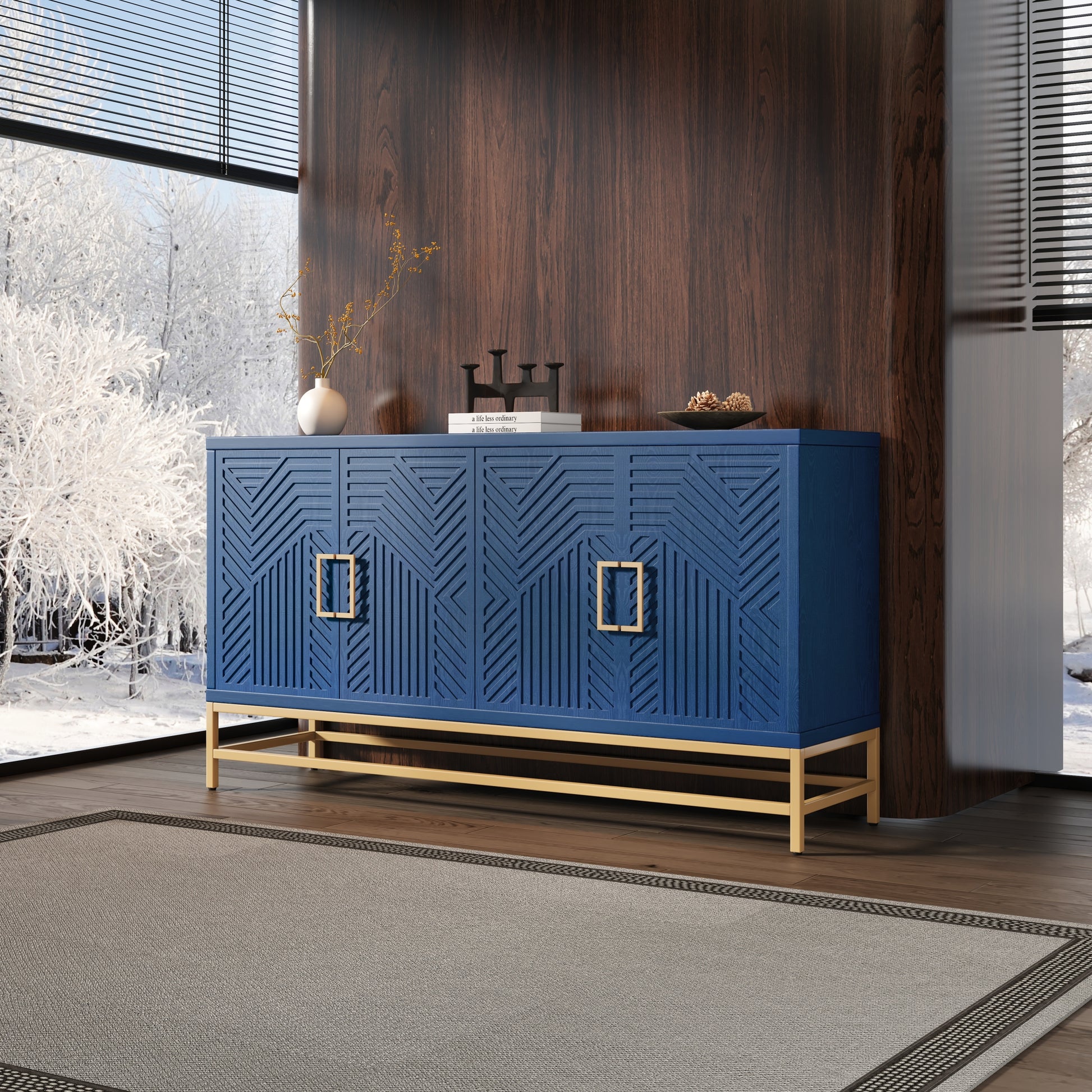 Retro Style Sideboard With Adjustable Shelves, Rectangular Metal Handles And Legs For Kitchen, Living Room, And Dining Room Navy Navy Mdf