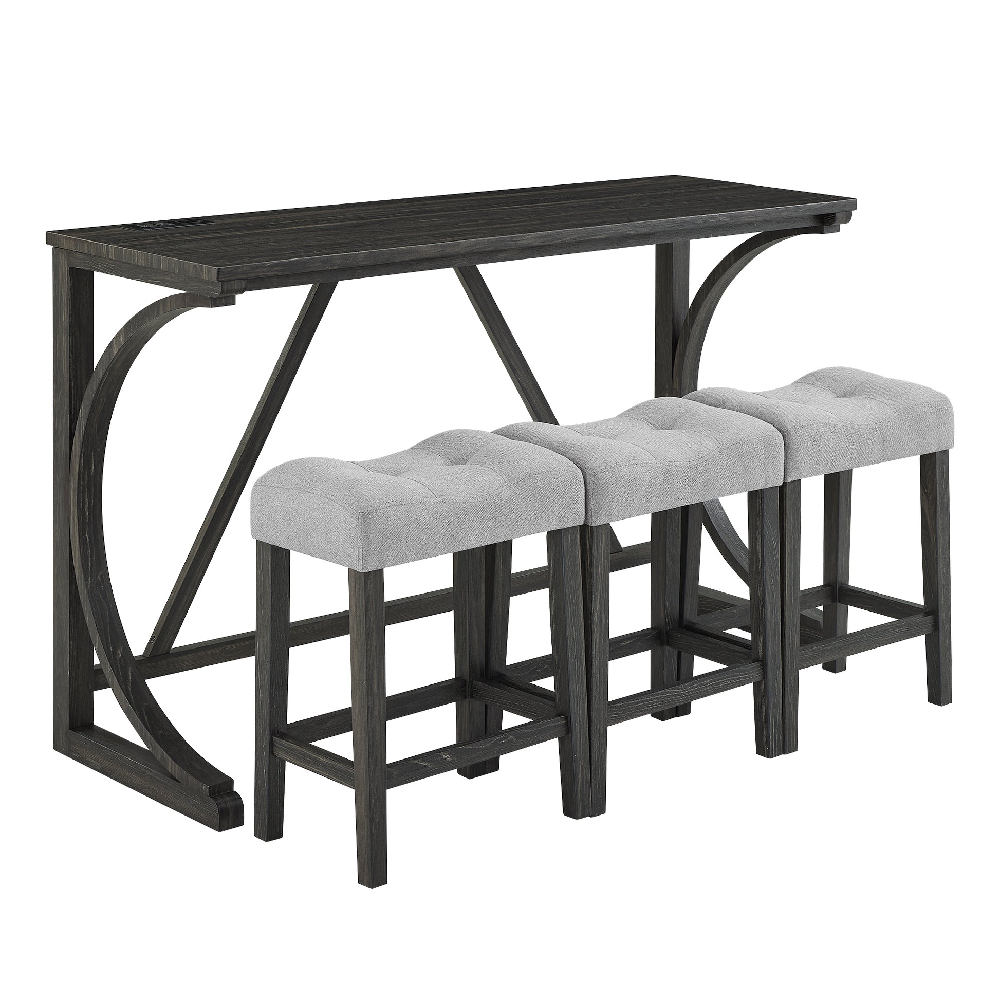 Bar Table Set With Power Outlet, Bar Table And Chairs Set, 4 Piece Dining Table Set, Industrial Breakfast Table Set, For Living Room, Dining Room, Game Room Grey Black Solid Wood Mdf