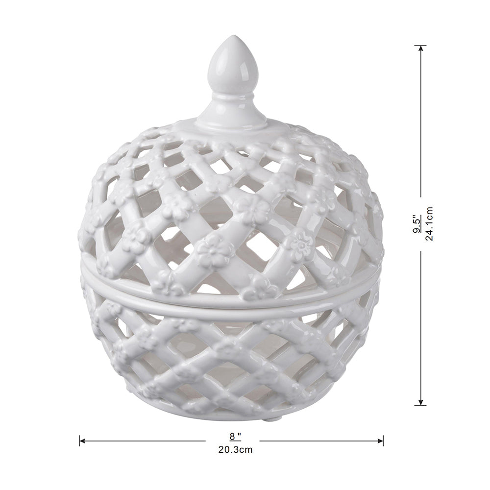 D8X9.5" White Ceramic Lidded Jar With Lattice Design White Ceramic