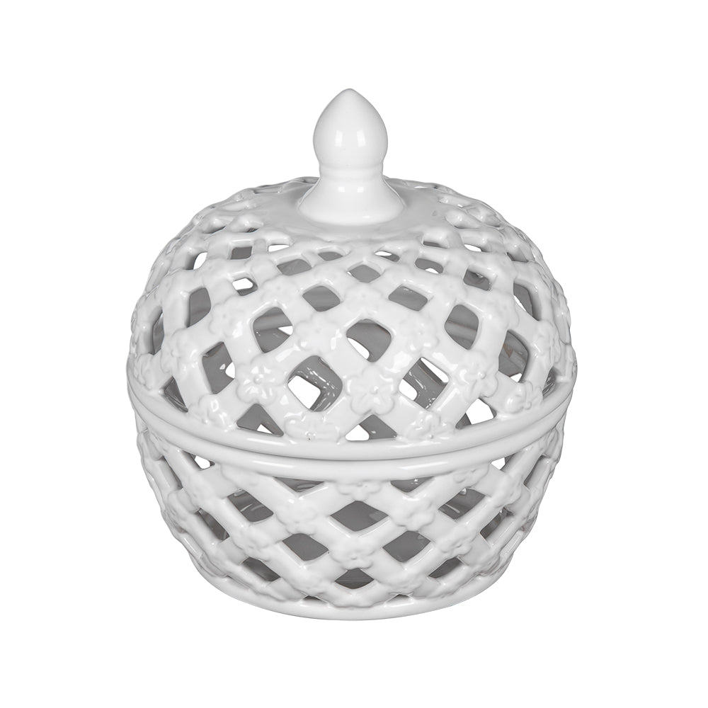 D8X9.5" White Ceramic Lidded Jar With Lattice Design White Ceramic
