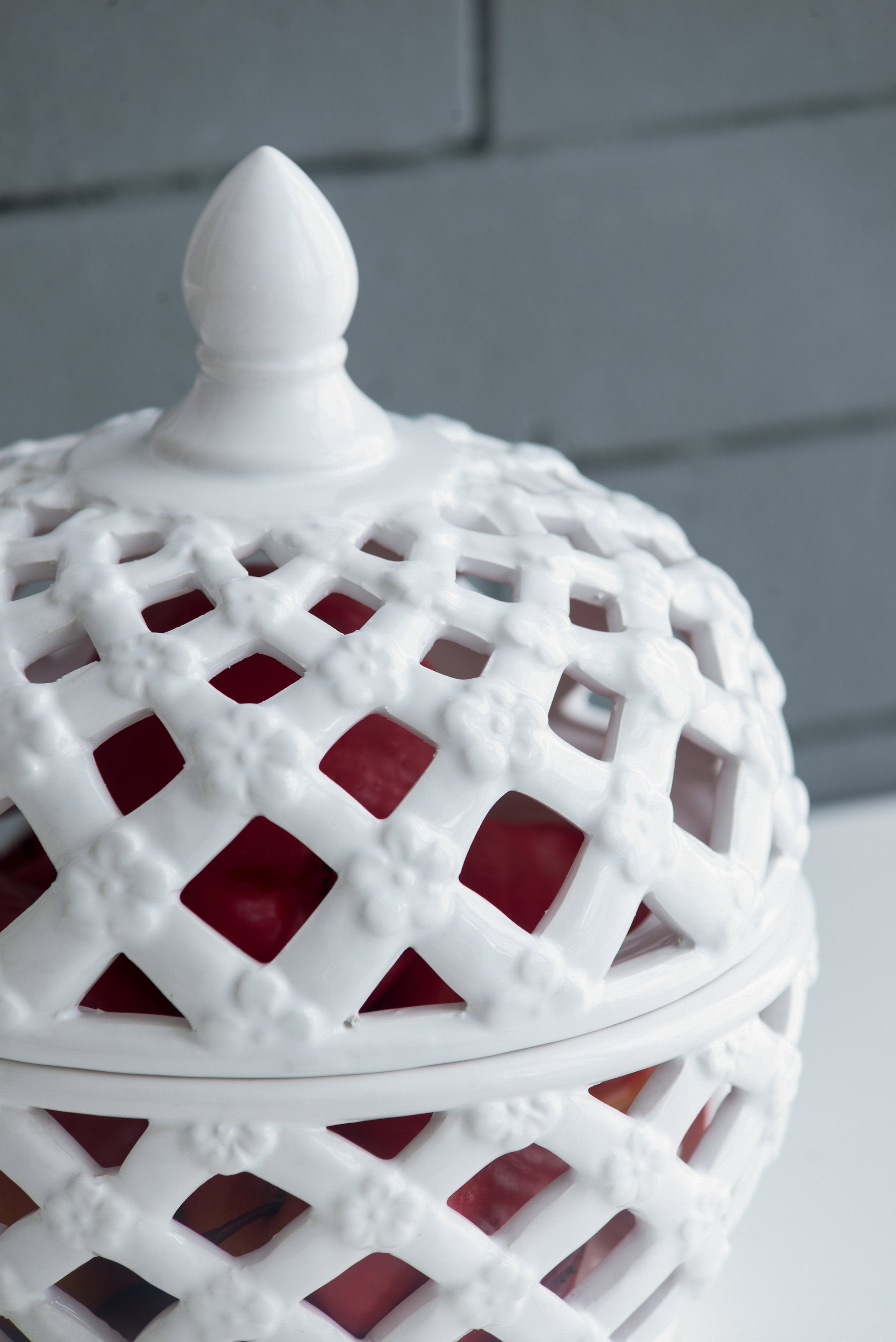 D8X9.5" White Ceramic Lidded Jar With Lattice Design White Ceramic