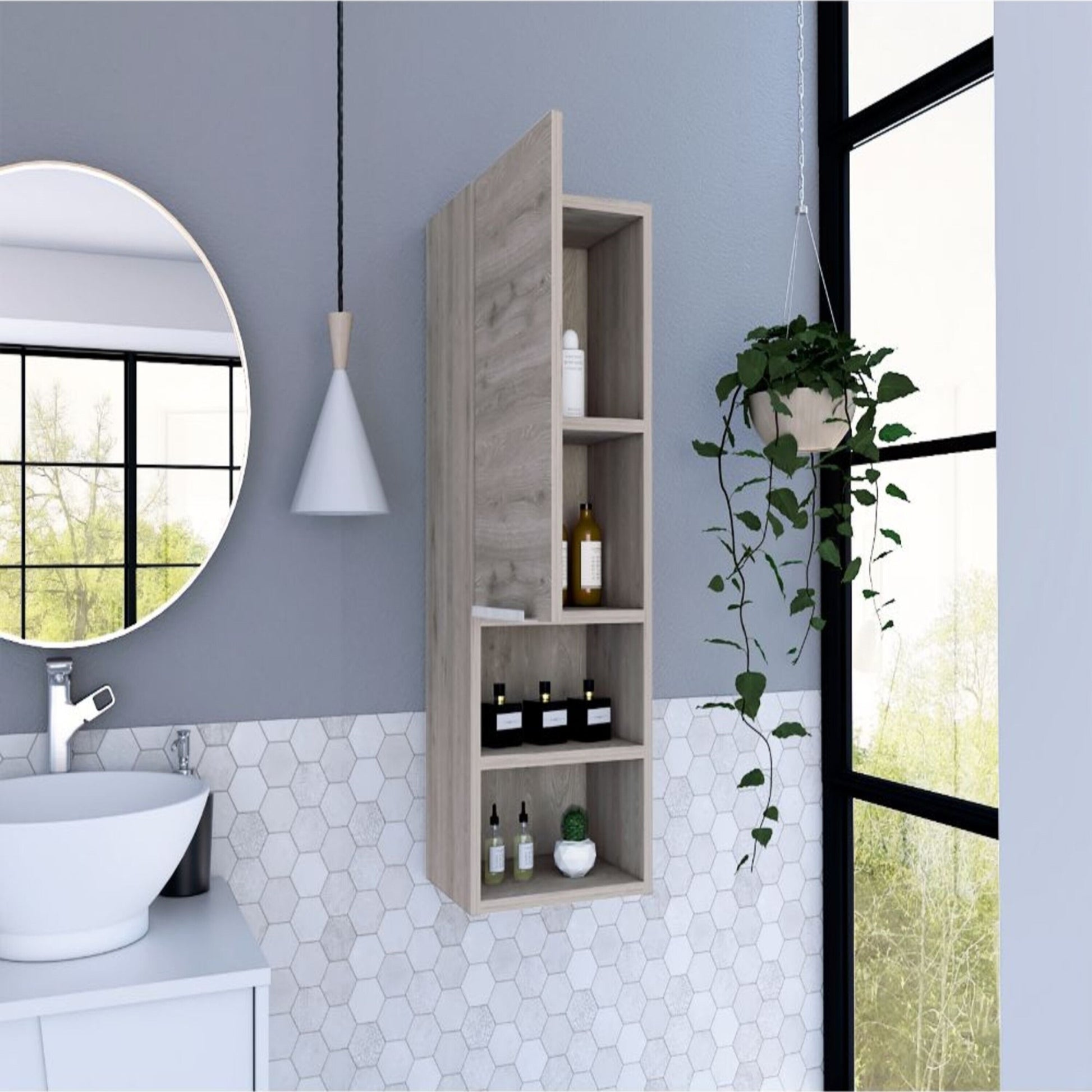 Medicine Single Door Cabinet 32" H, Two Interior Shelves, Two External Shelves, Light Gray Gray Particle Board Particle Board
