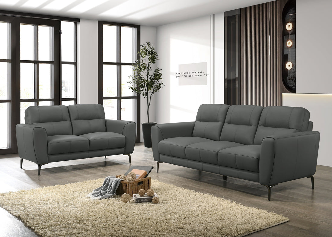Anthracite Gray Top Grain Leather 2Pc Sofa Set Sofa And Loveseat Contemporary Living Room Furniture Full Leather Couch Gray Genuine Leather Wood Primary Living Space Classic,Contemporary Rubberwood