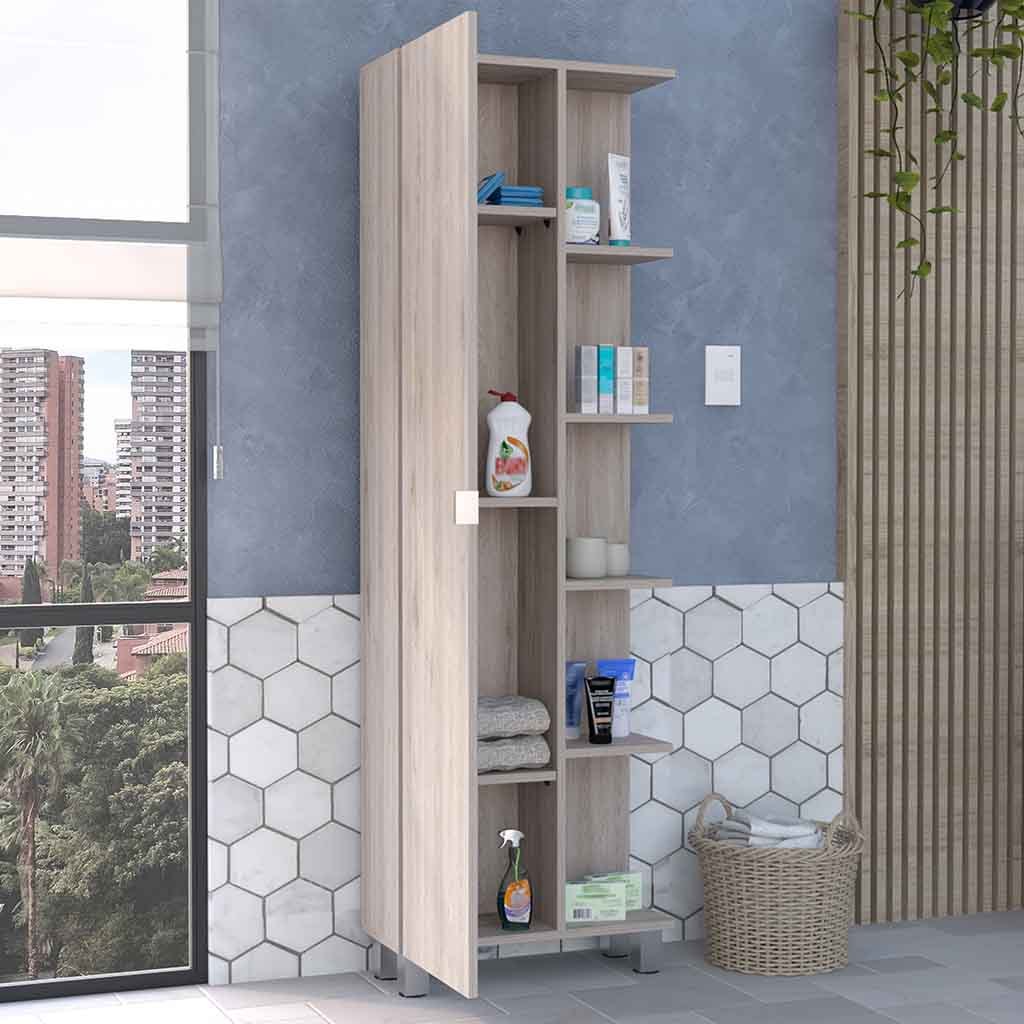62H" Linen Single Door Cabinet, Five External Shelves, Four Interior Shelves, Light Gray Gray Particle Board Particle Board