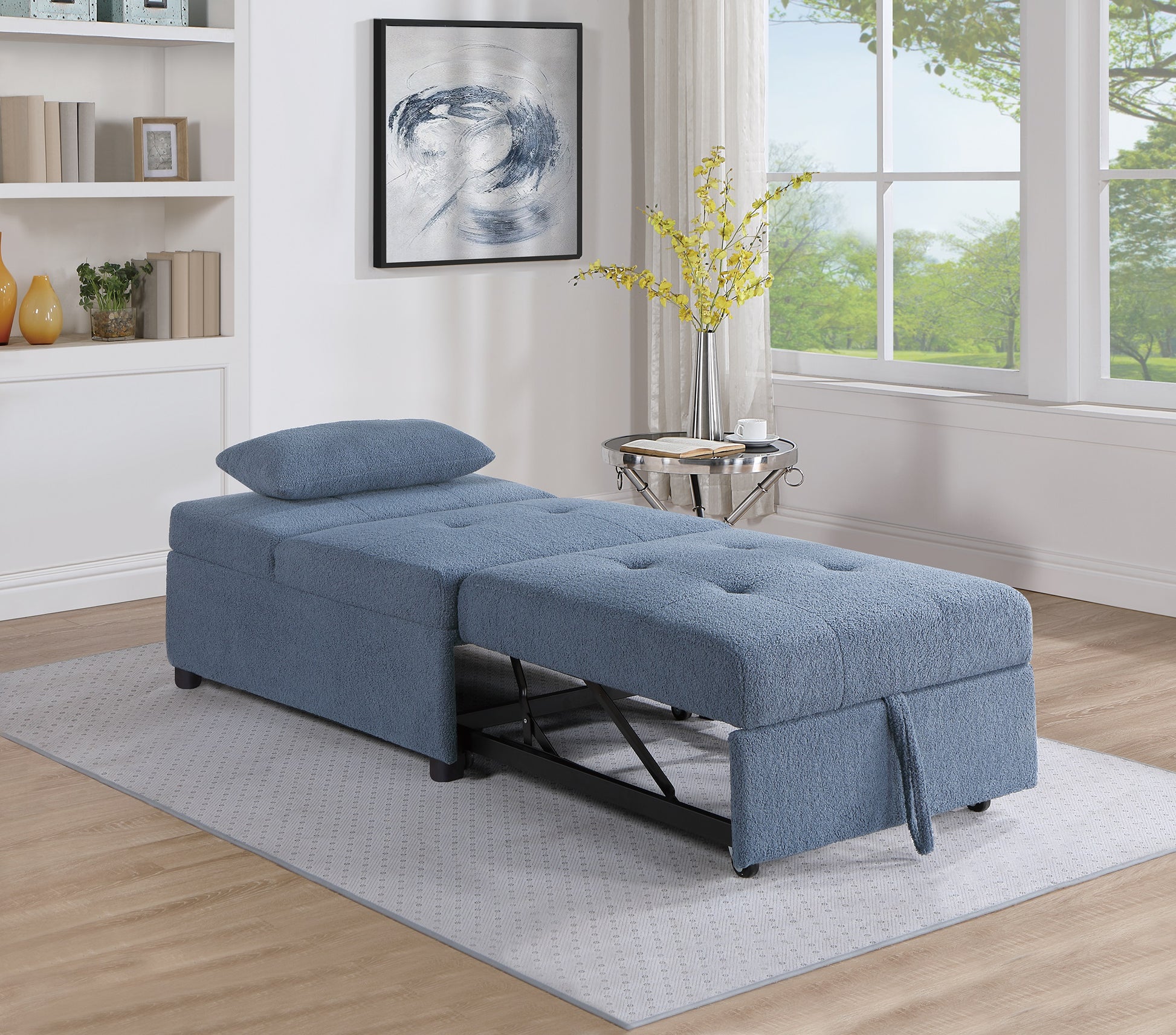 Contemporary Blue Gray Sleeper Sofa Chair Pillow Plush Tufted Seat 1Pc Convertible Sofa Chair Sherpa Fabric Couch Blue Grey Wood Primary Living Space Contemporary,Modern Pine Fabric 1 Seat