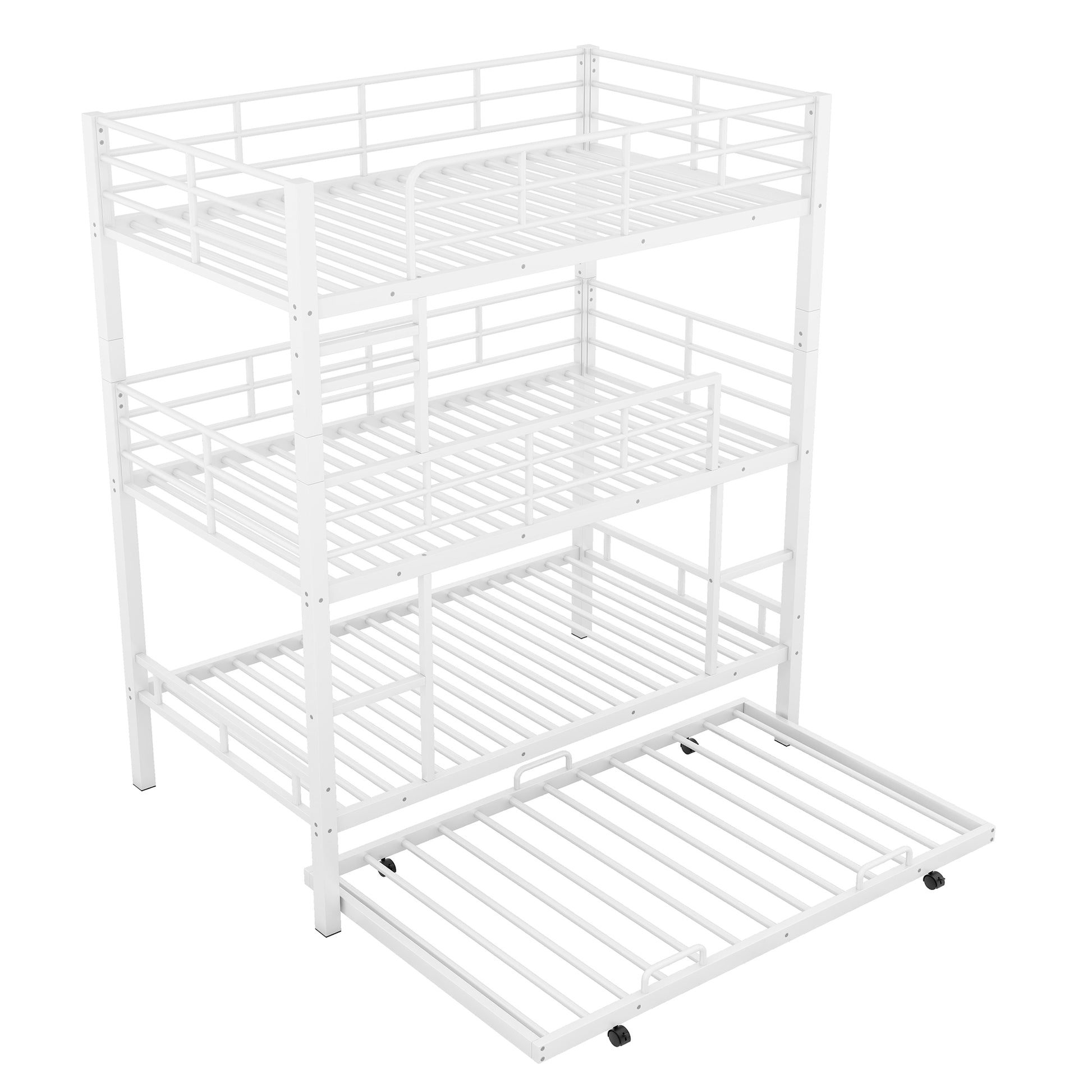 Metal Twin Size Triple Bunk Bed With Trundle, White Antique White Metal