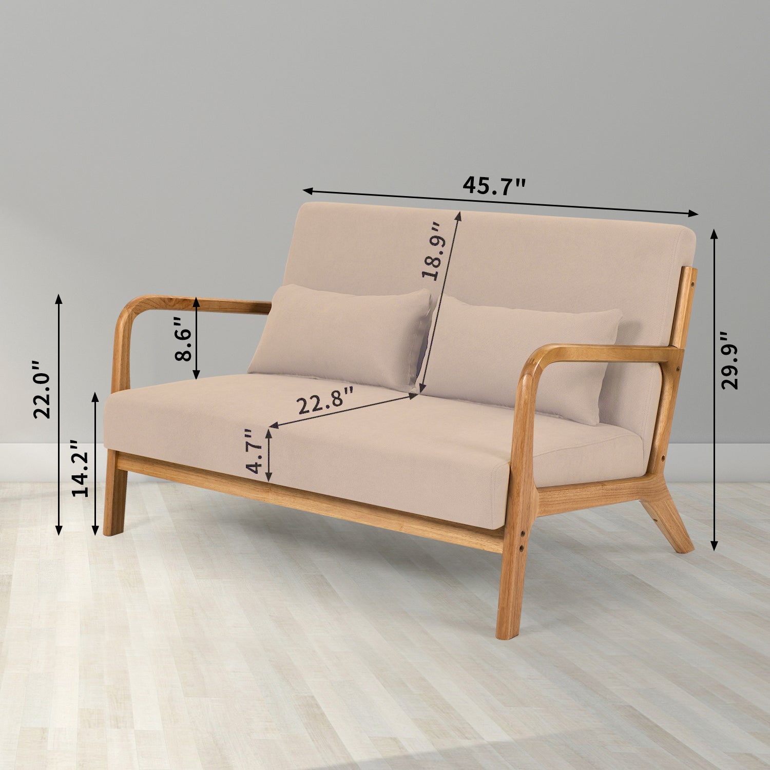 Leisure Chair With Solid Wood Armrest And Feet, Mid Century Modern Accent Sofa,2 Seat Beige Linen