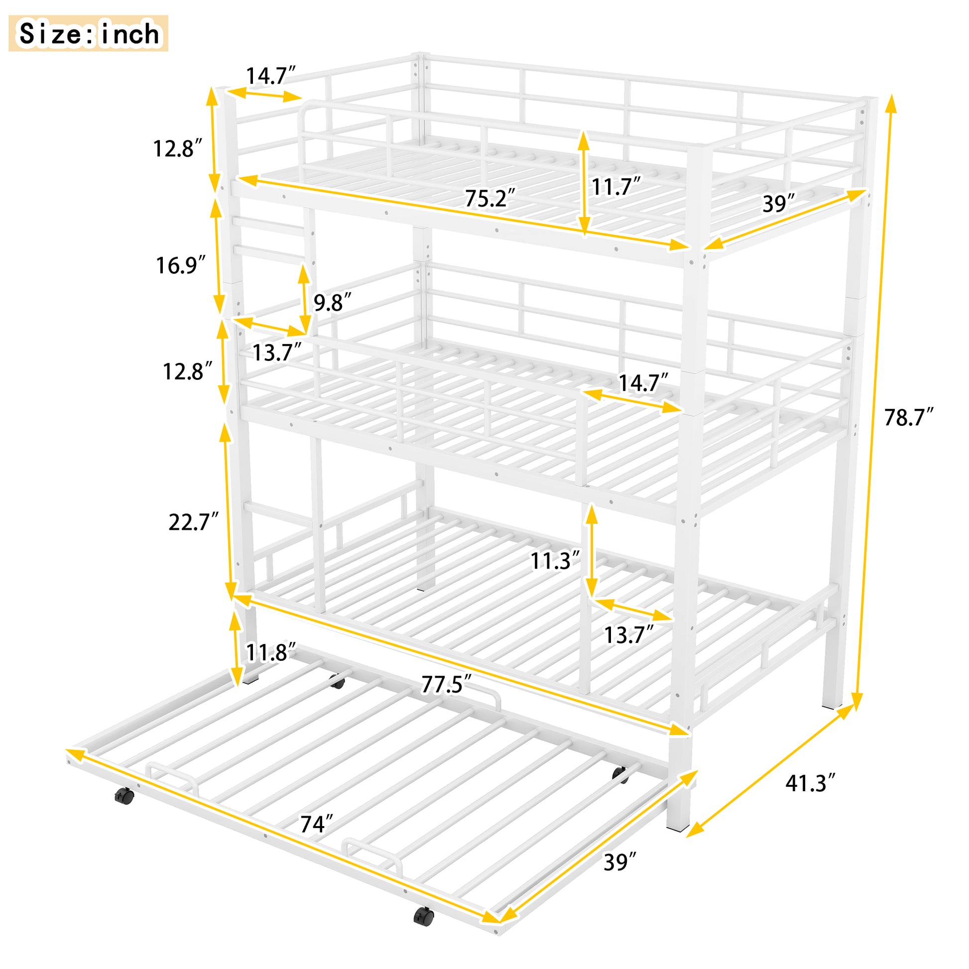 Metal Twin Size Triple Bunk Bed With Trundle, White Antique White Metal