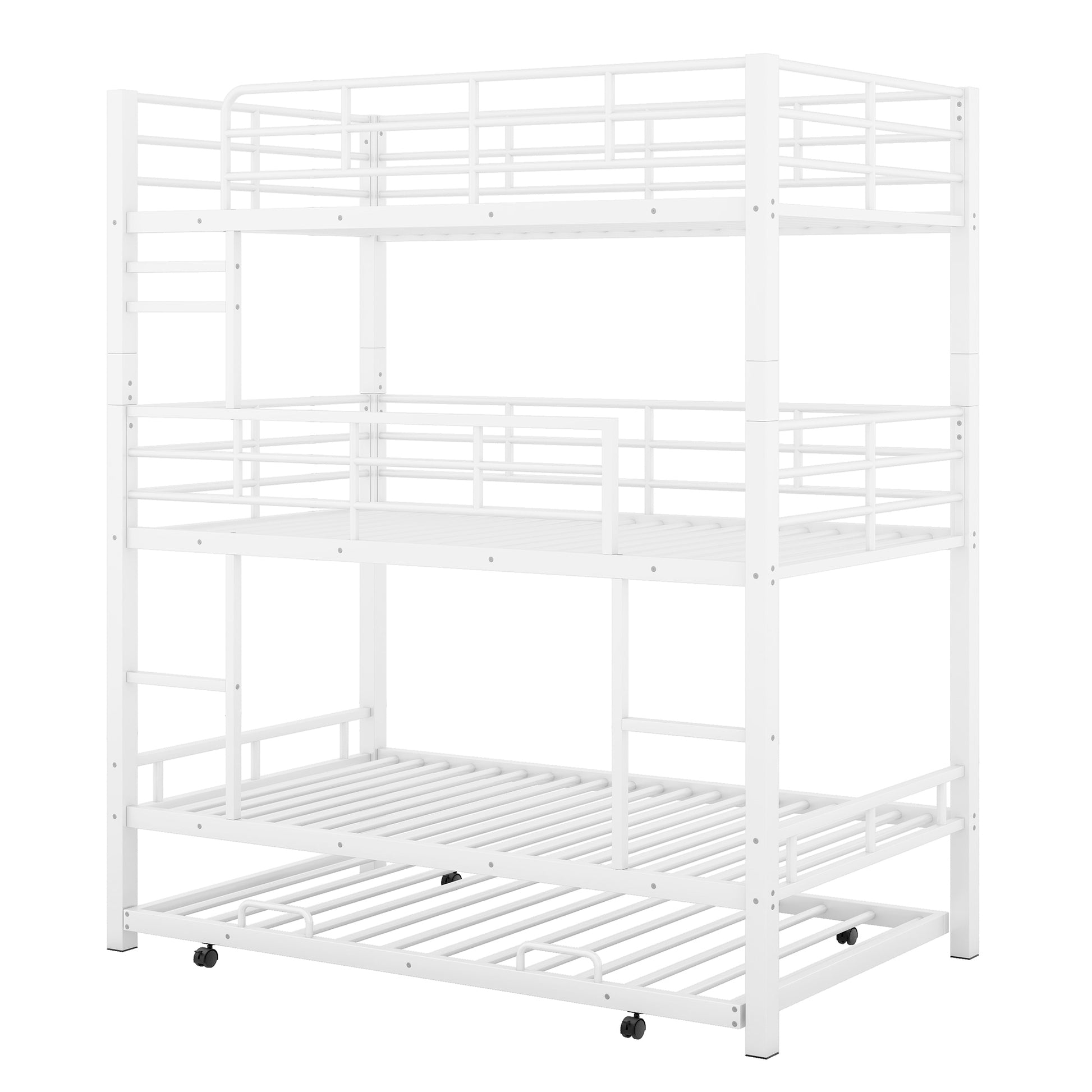 Metal Twin Size Triple Bunk Bed With Trundle, White Antique White Metal
