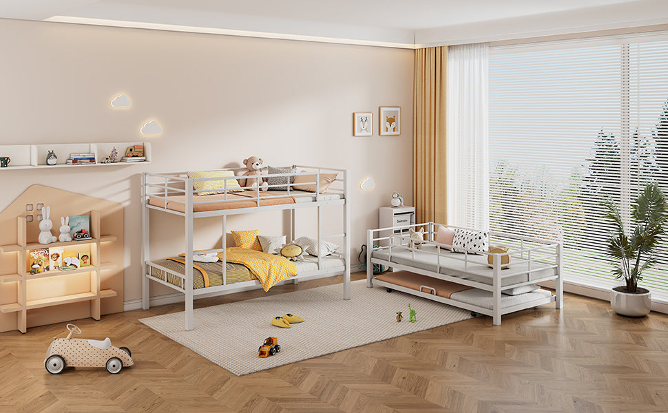 Metal Twin Size Triple Bunk Bed With Trundle, White Antique White Metal