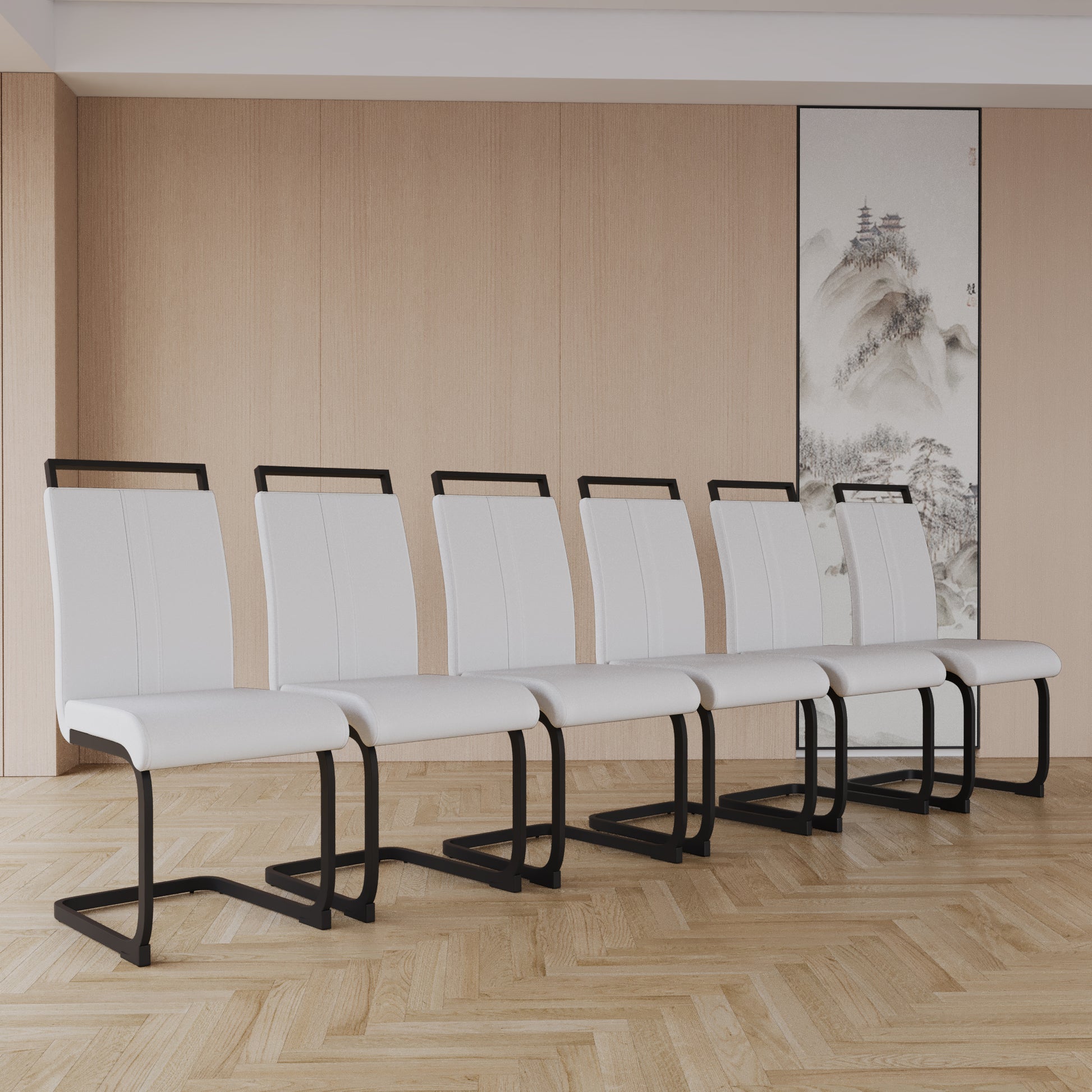 Modern Dining Chairs,Pu Faux Leather High Back Upholstered Side Chair With C Shaped Tube.Black Metal Legs For Dining Room Kitchen Vanity Patio Club Guest Office Chair Set Of 2 White Pu White Kitchen Dining Chairs Foam Pu