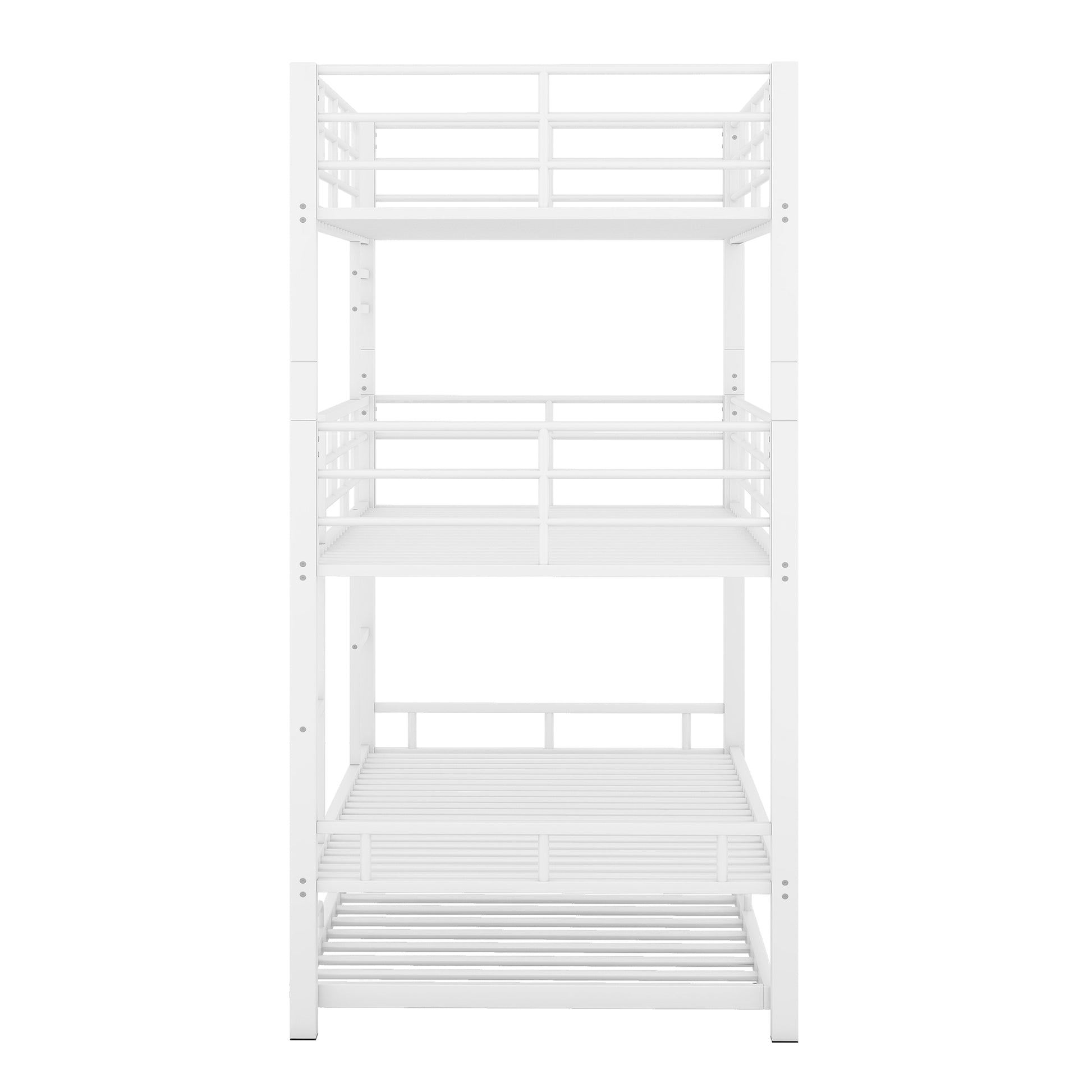 Metal Twin Size Triple Bunk Bed With Trundle, White Antique White Metal