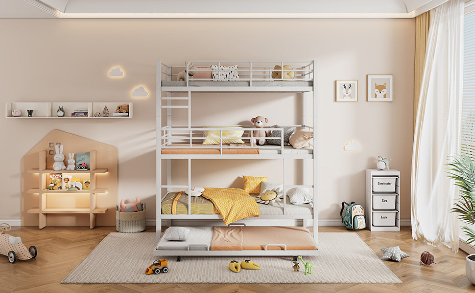 Metal Twin Size Triple Bunk Bed With Trundle, White Antique White Metal