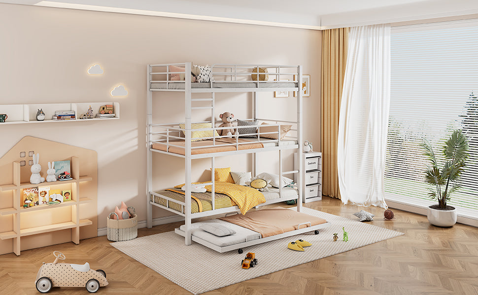 Metal Twin Size Triple Bunk Bed With Trundle, White Antique White Metal